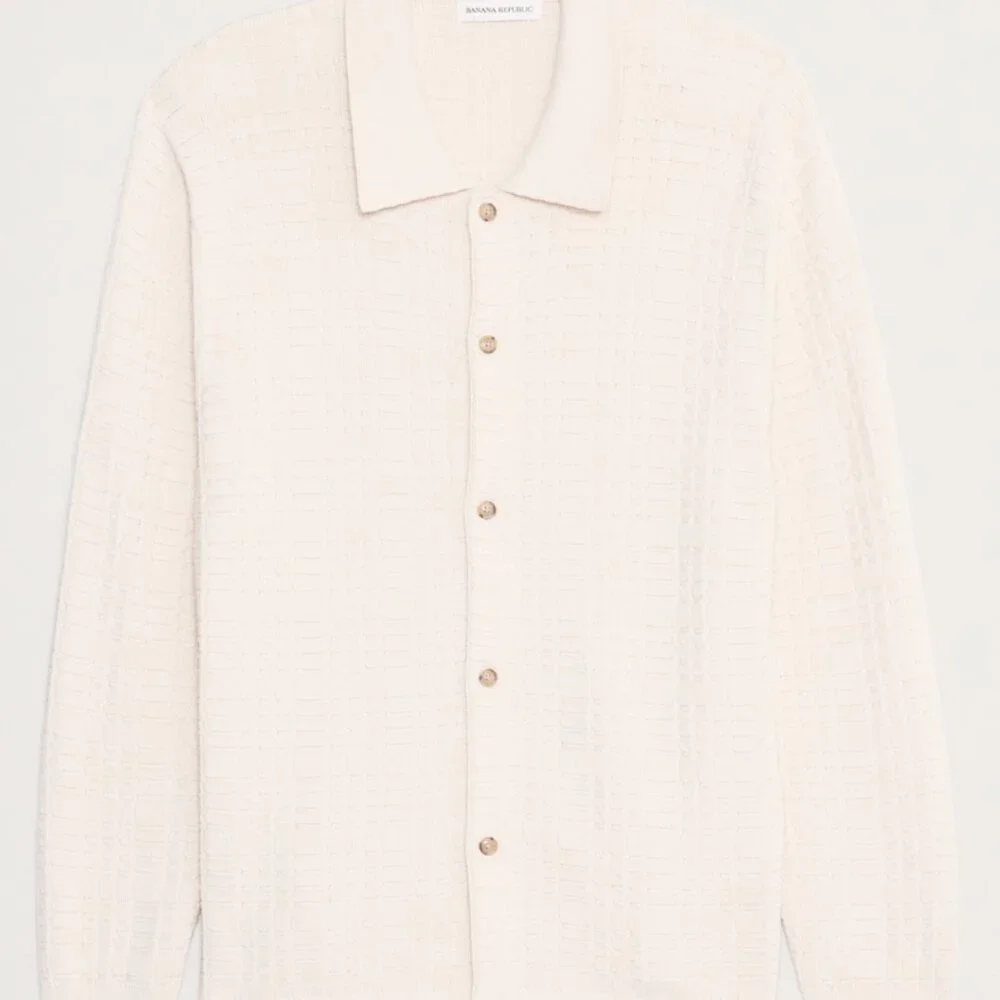 Banana Republic Plaid Texture Cotton Polo Cardigan, Cream White, Medium, EUC